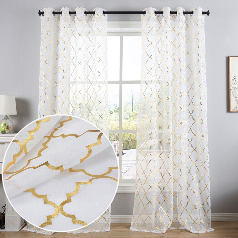 Kotile Gold White Sheer Curtains 95 Inch Length 2 Panels Metallic Foil Print Shimmer Sheer Curtains for Living Room, Grommet Privacy Light Filtering Elegant Window Curtains, W52 x L95 Inch - Image 1